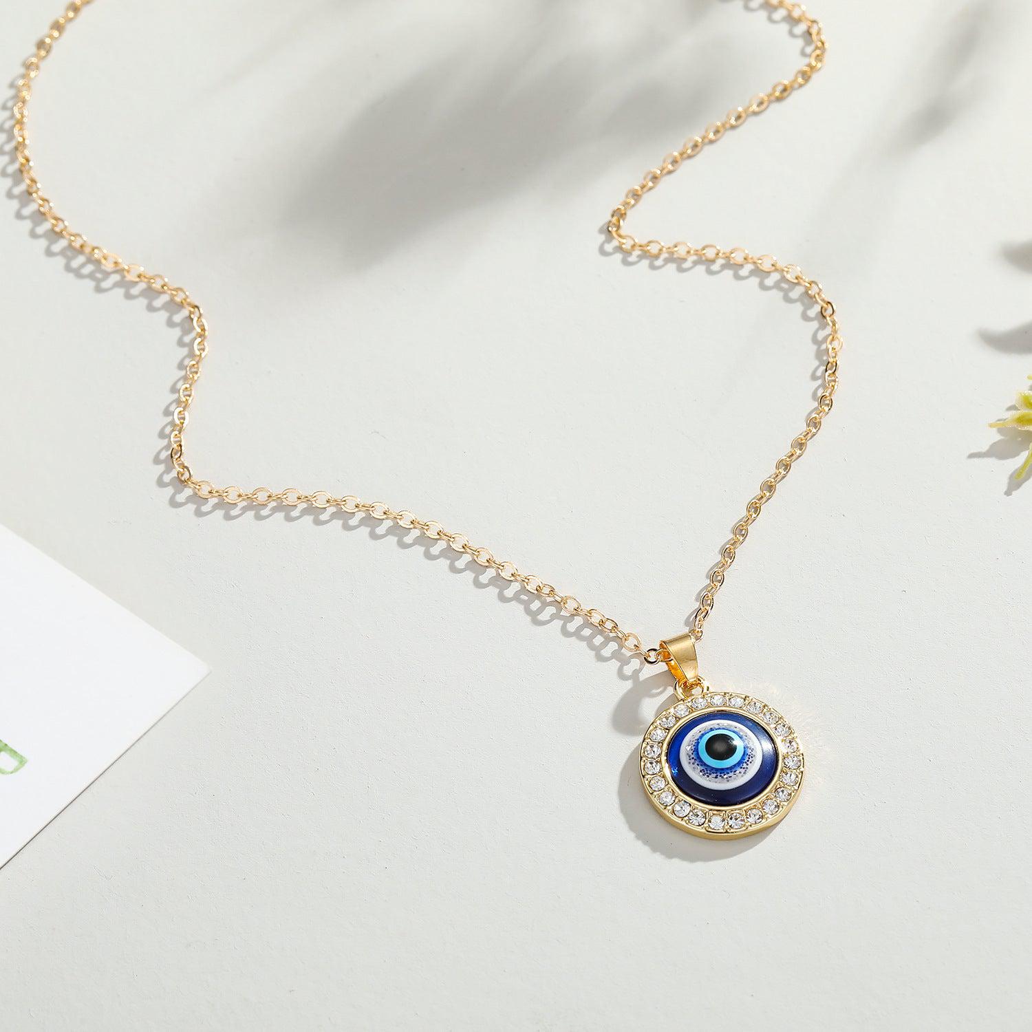 Round Evil Eye Pendant Necklace with Cubic Zirconia in Gold Colour-Evil Eye Necklace-Auswara