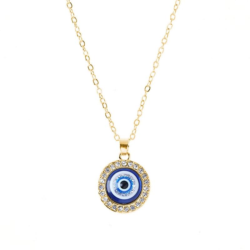 Round Evil Eye Pendant Necklace with Cubic Zirconia in Gold Colour-Evil Eye Necklace-Auswara