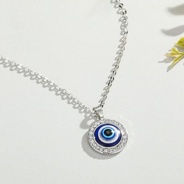 Round Evil Eye Pendant Necklace with Cubic Zirconia in Silver Colour-Evil Eye Necklace-Auswara