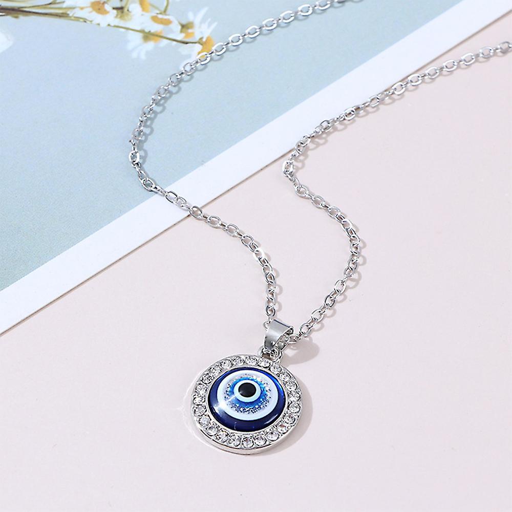 Round Evil Eye Pendant Necklace with Cubic Zirconia in Silver Colour-Evil Eye Necklace-Auswara