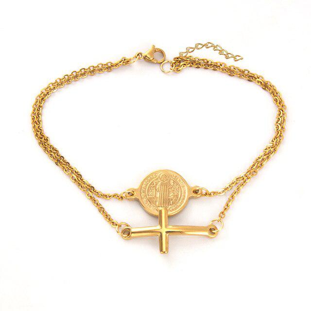 Saint Benedict Cross Bracelet in Gold Colour-Cross Bracelet-Auswara
