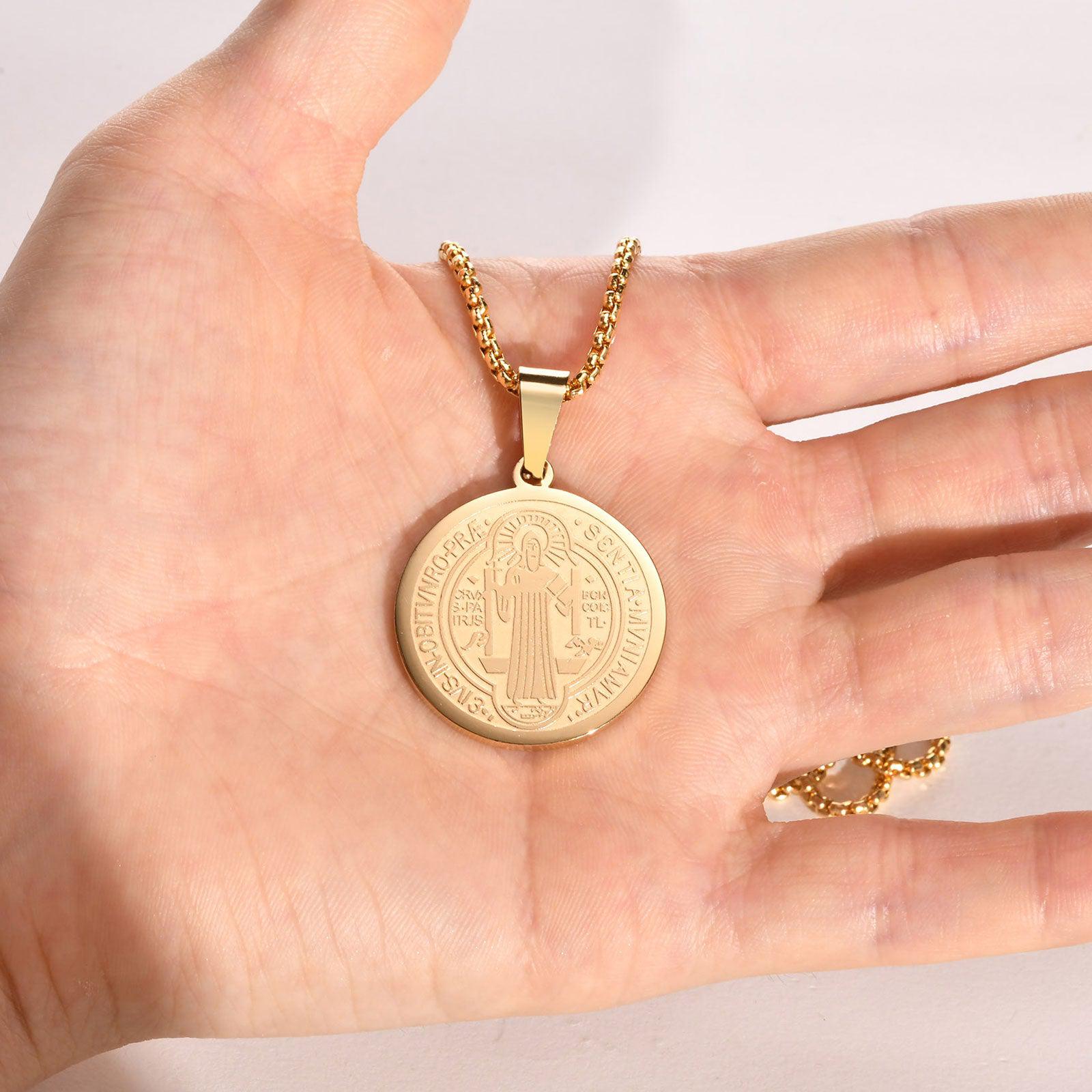Saint Benedict Pendant Necklace in Gold Colour-Cross Necklace-Auswara