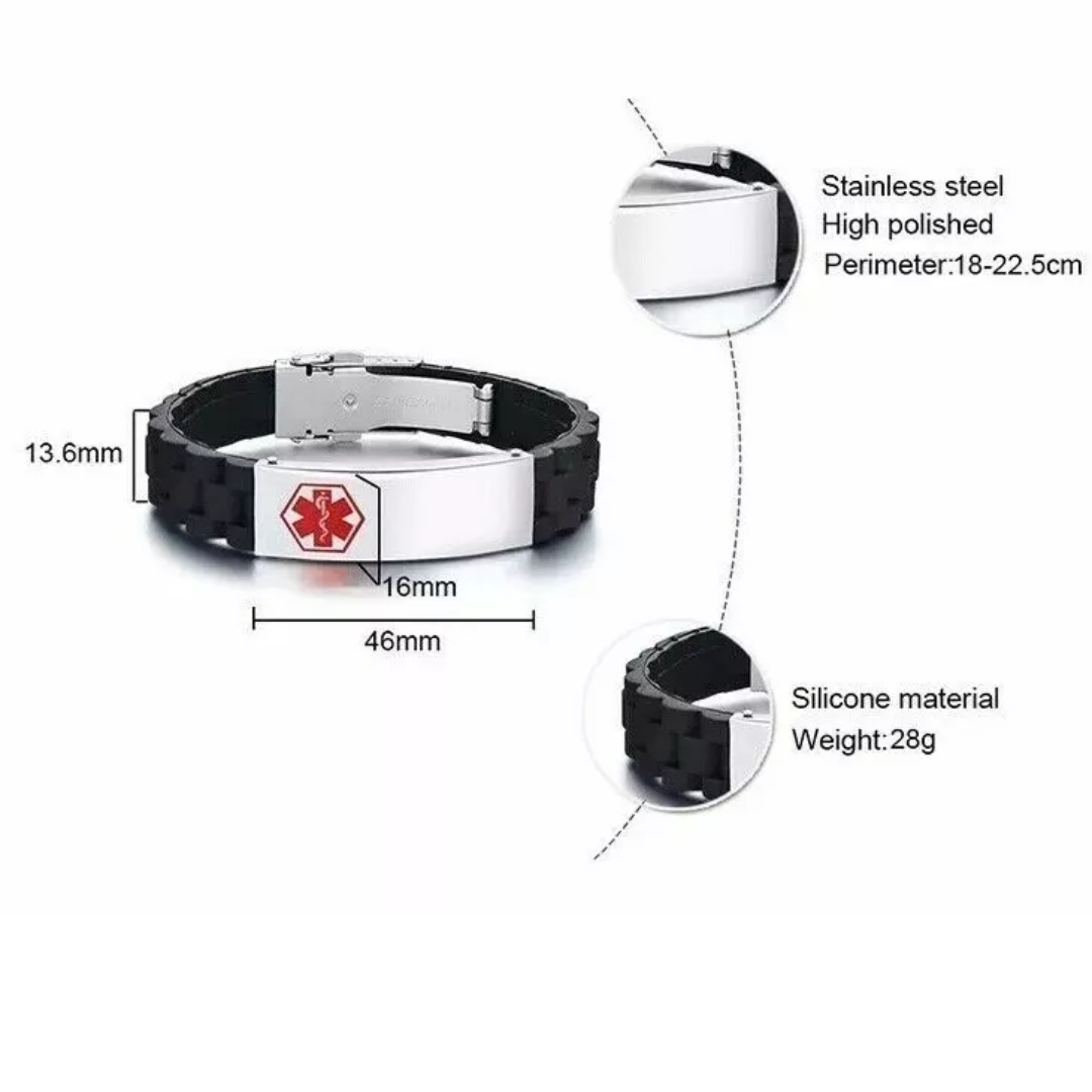 Silicone Medical Alert ID Bracelet with Silver Custom Bar-Medical ID Bracelet-Auswara