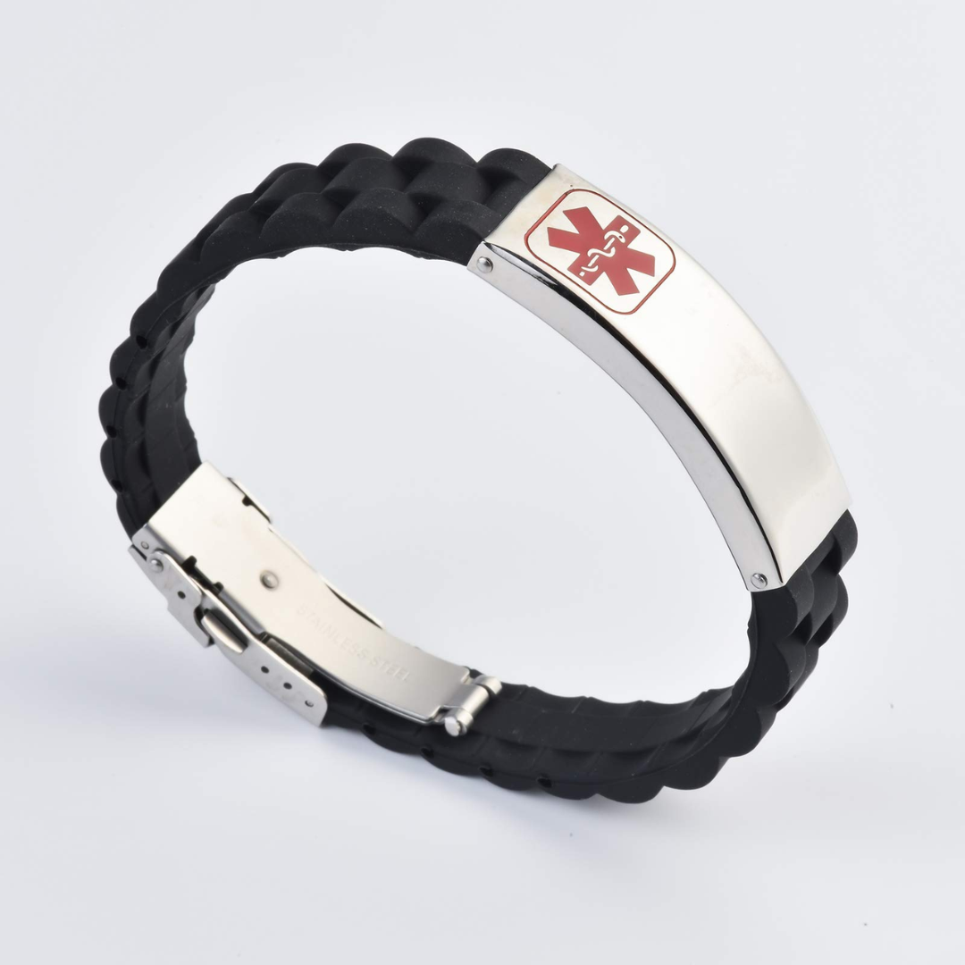 Silicone Medical Alert ID Bracelet with Silver Custom Bar