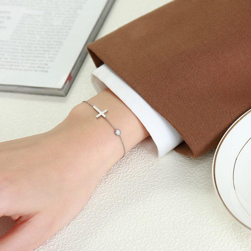 Silver Colour Adjustable Cross Chain Bracelet with Cubic Zirconia-Cross Bracelet-Auswara