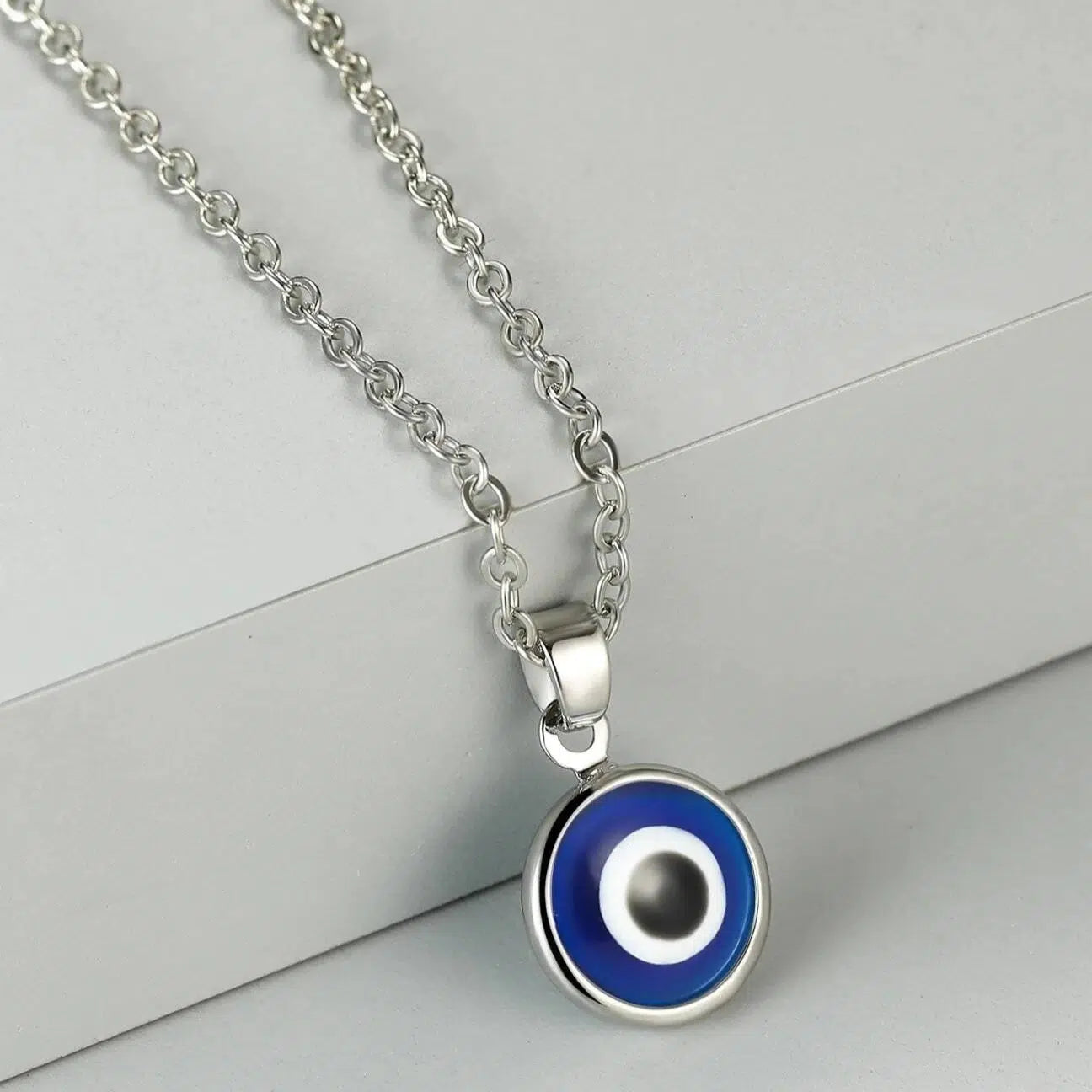 Silver Colour Evil Eye Round Pendant Necklace-Evil Eye Necklace-Auswara