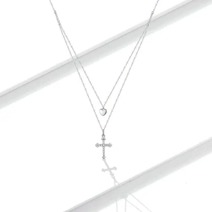 Silver Layered Heart & Cross Necklace-Cross Necklace-Auswara