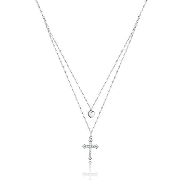 Silver Layered Heart & Cross Necklace-Cross Necklace-Auswara