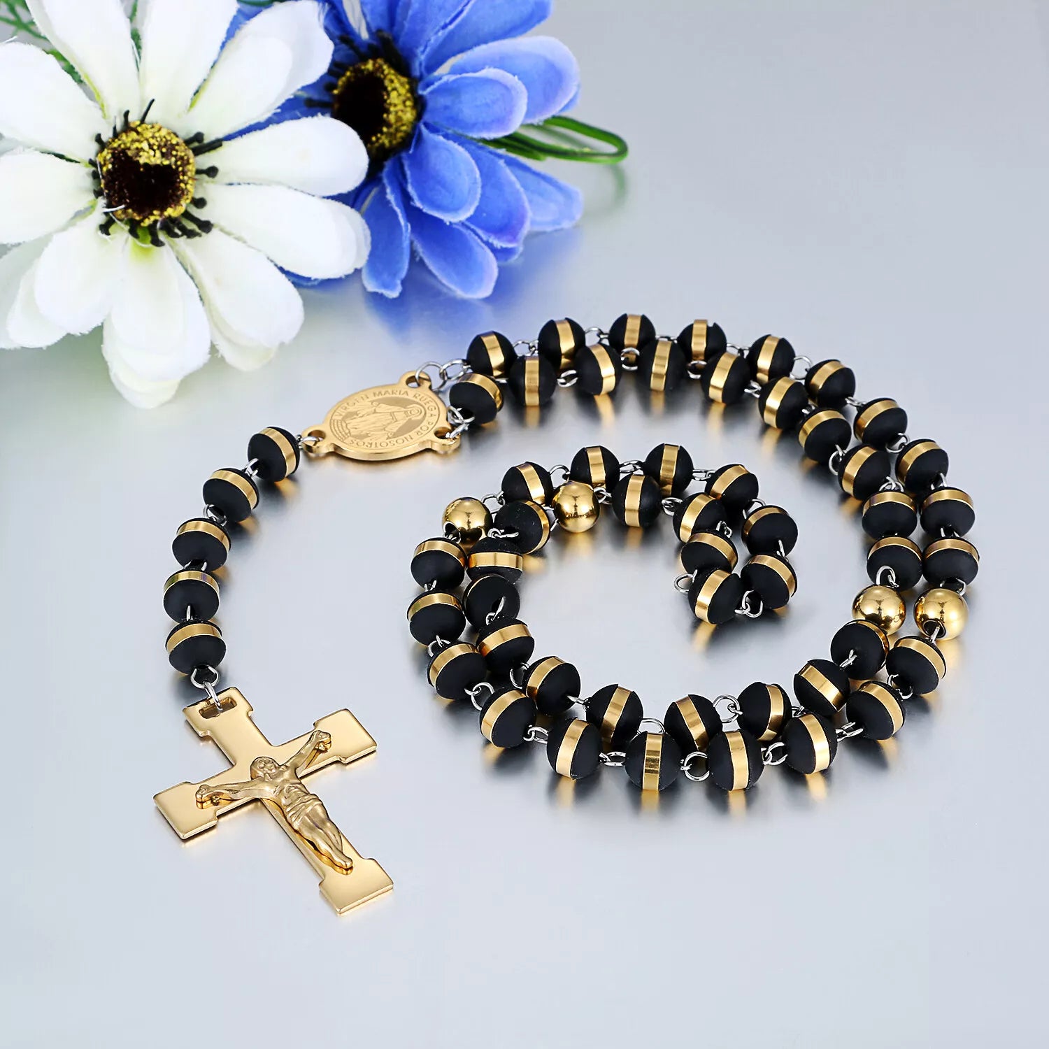 St Benedict Rosary Beads Necklace with Cross Pendant in Black & Gold