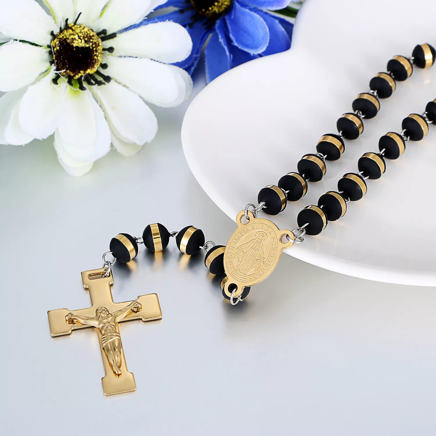 St Benedict Rosary Beads Necklace with Cross Pendant in Black & Gold