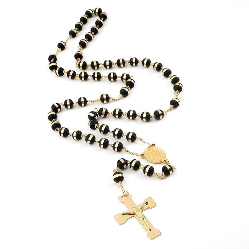 St Benedict Rosary Beads Necklace with Cross Pendant in Black & Gold