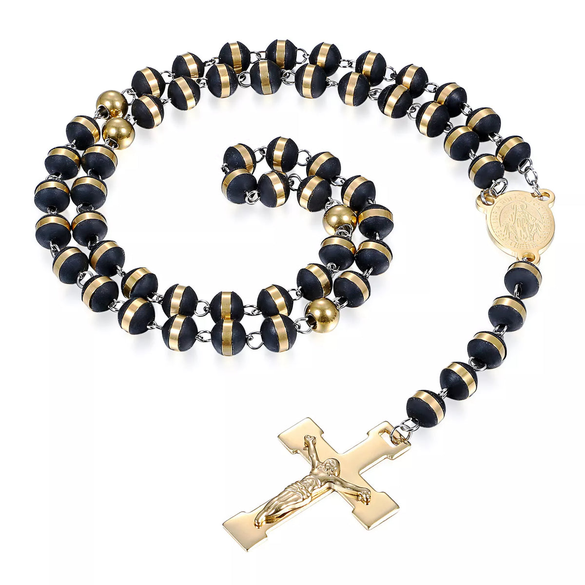 St Benedict Rosary Beads Necklace with Cross Pendant in Black & Gold