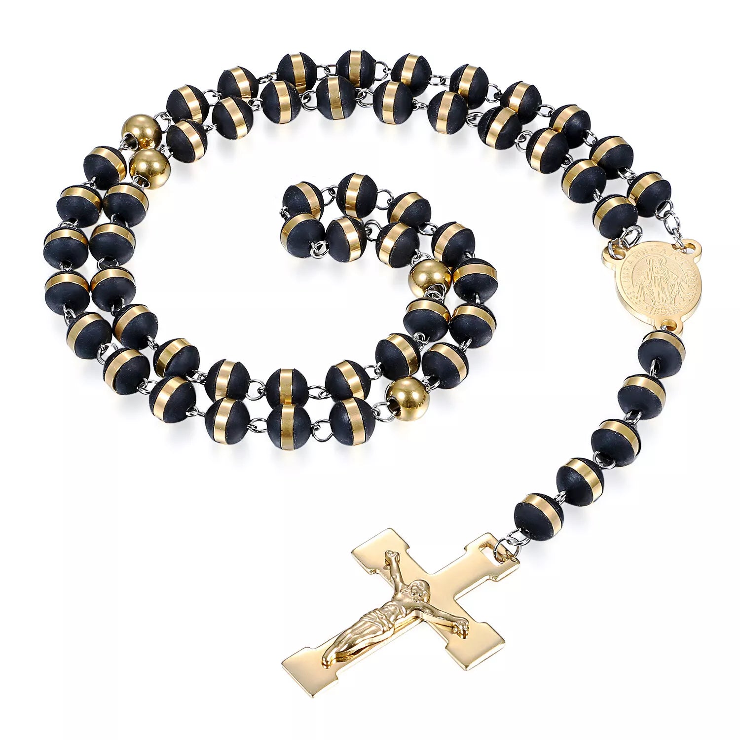 St Benedict Rosary Beads Necklace with Cross Pendant in Black & Gold