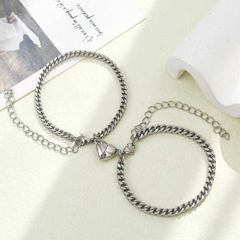 Black & White Rope Magnetic Heart Couples Bracelet Set - Auswara