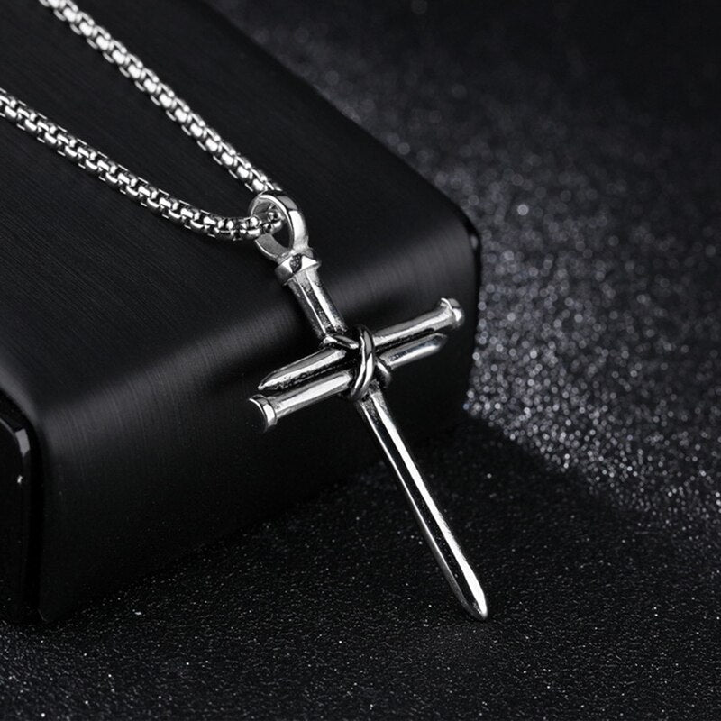 Stainless Steel Nail Cross Necklace – Silver Colour-Cross Necklace-Auswara