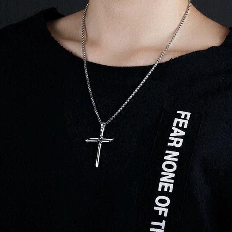 Stainless Steel Nail Cross Necklace – Silver Colour-Cross Necklace-Auswara