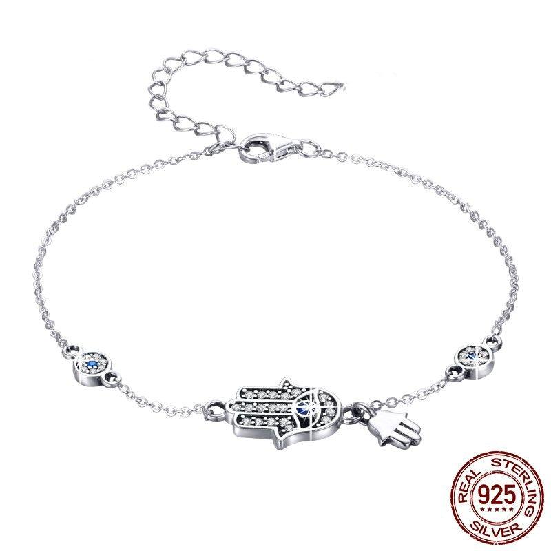 Sterling Silver Adjustable Hamsa Evil Eye Chain Bracelet-Evil Eye Bracelet-Auswara