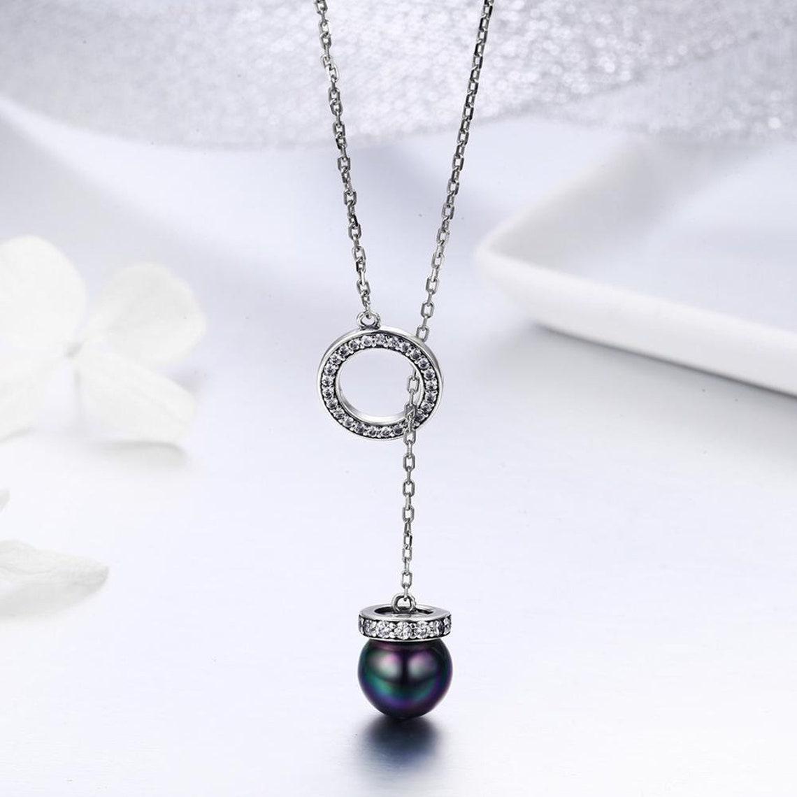 Sterling Silver Black Pearl with CZ Circular Pendant Necklace-Women Necklace-Auswara