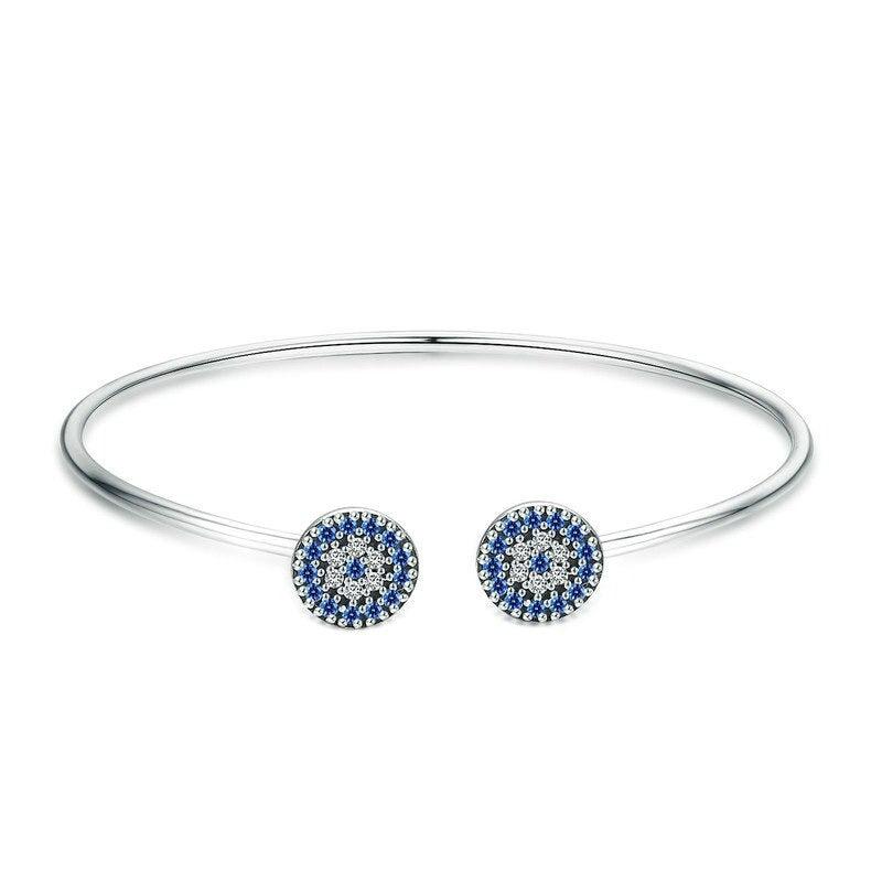 Sterling Silver Blue Evil Eye Zirconia Open Cuff Bracelet-Evil Eye Bracelet-Auswara