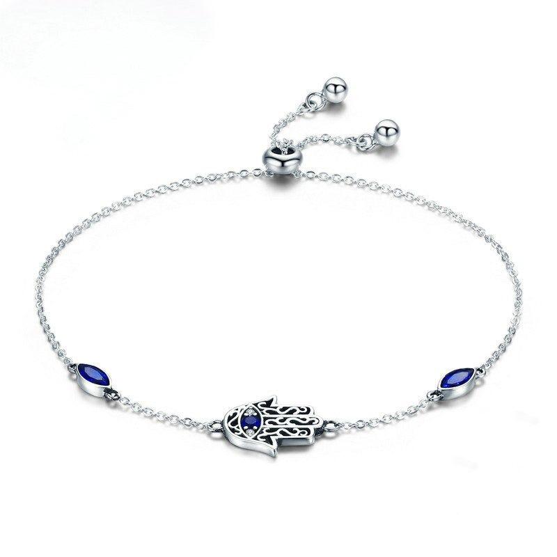 Sterling Silver Blue Hamsa Slider Chain Bracelet-Evil Eye Bracelet-Auswara
