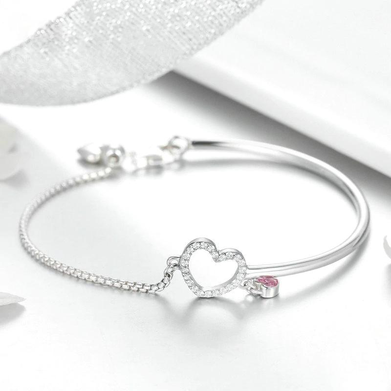 Sterling Silver CZ Heart with Pink Heart Charm Bracelet-Women Bracelets-Auswara