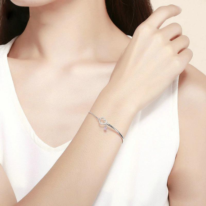 Sterling Silver CZ Heart with Pink Heart Charm Bracelet-Women Bracelets-Auswara