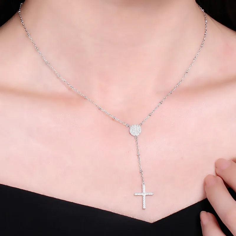 Sterling Silver Cross Drop Rosary Necklace with Cubic Zirconia-Cross Necklace-Auswara