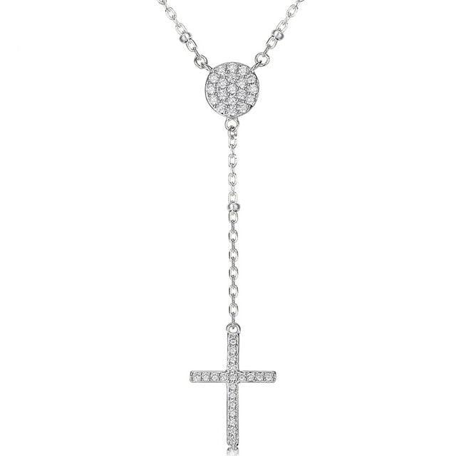 Sterling Silver Cross Drop Rosary Necklace with Cubic Zirconia-Cross Necklace-Auswara