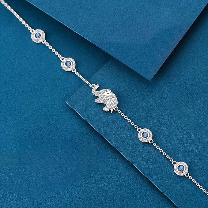Sterling Silver Evil Eye Bracelet with Elephant Charm-Evil Eye Bracelet-Auswara