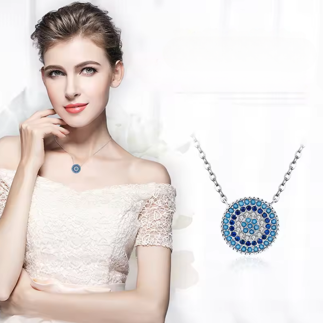 Sterling Silver Round Evil Eye Cubic Zirconia Necklace-Evil Eye Necklace-Auswara