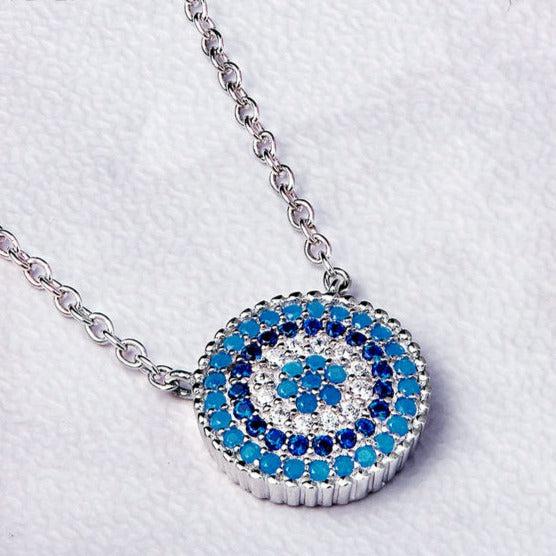 Sterling Silver Round Evil Eye Cubic Zirconia Necklace-Evil Eye Necklace-Auswara