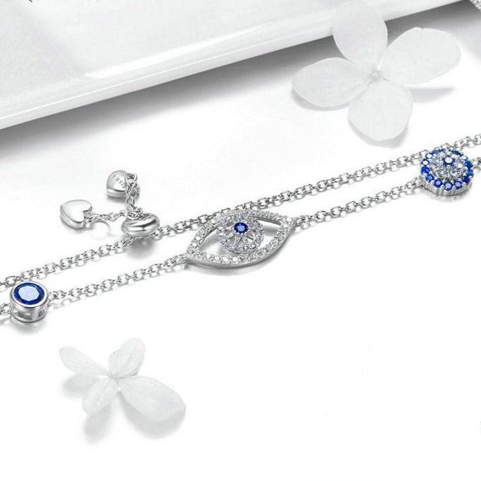 Sterling Silver Evil Eye Slider Bracelet with Cubic Zirconia-Evil Eye Bracelet-Auswara