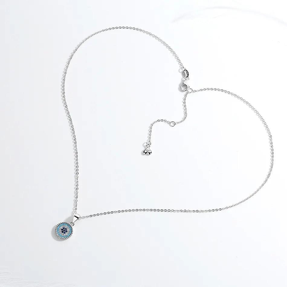 Sterling Silver Round Evil Eye Pendant Necklace with Cubic Zirconia-Evil Eye Necklace-Auswara