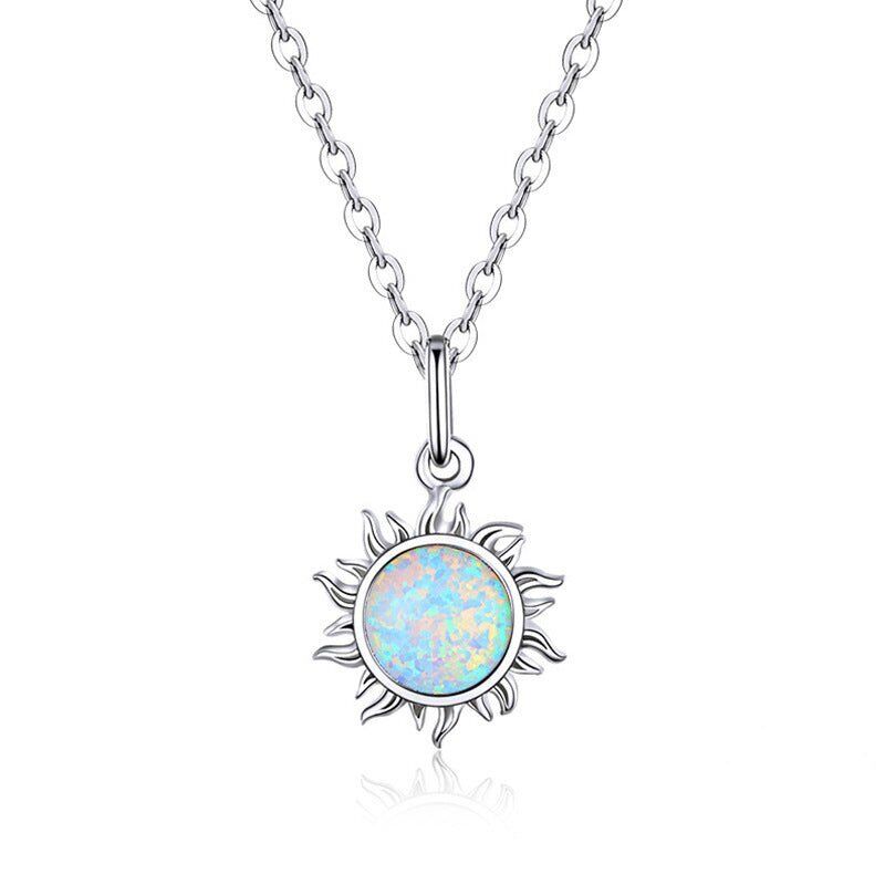 Sterling Silver Opal Sun Pendant Necklace-Women Necklace-Auswara