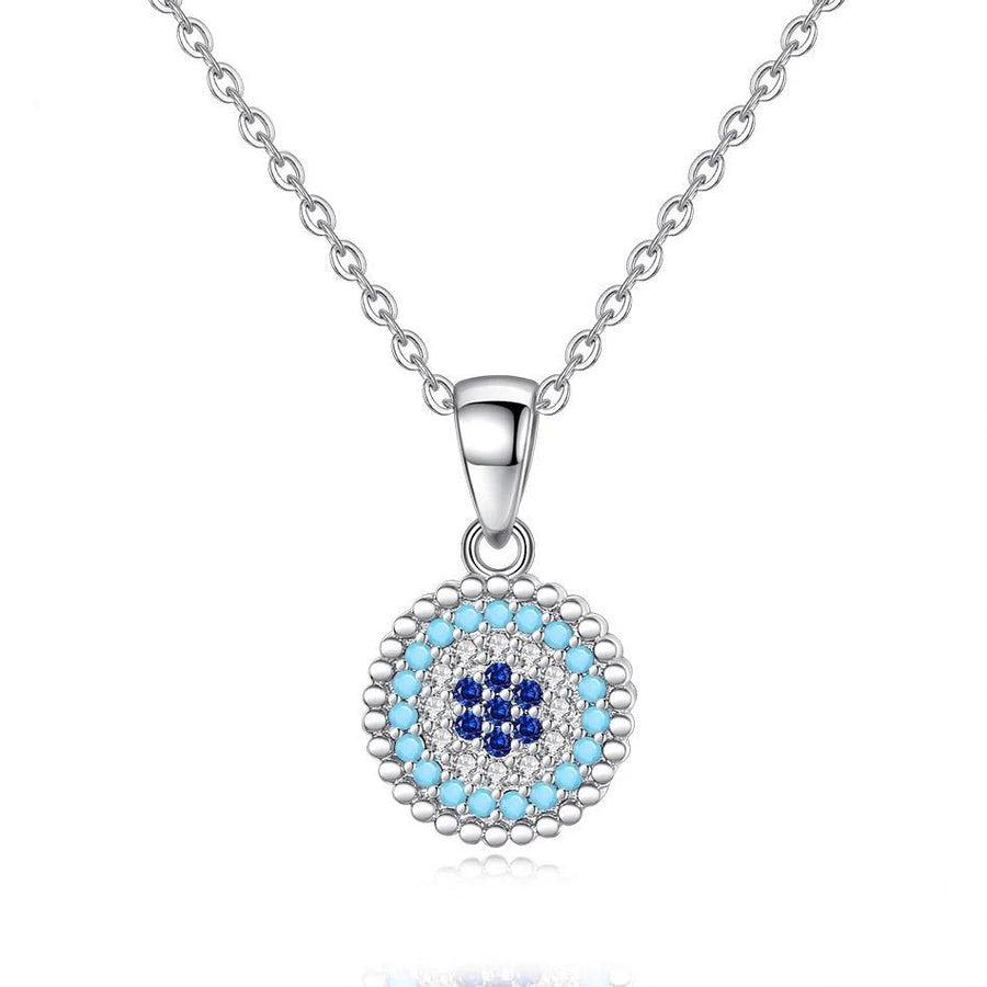 Sterling Silver Round Evil Eye Pendant Necklace with Cubic Zirconia-Evil Eye Necklace-Auswara