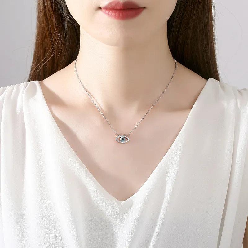 Sterling Silver Light Blue Evil Eye Necklace-Evil Eye Necklace-Auswara