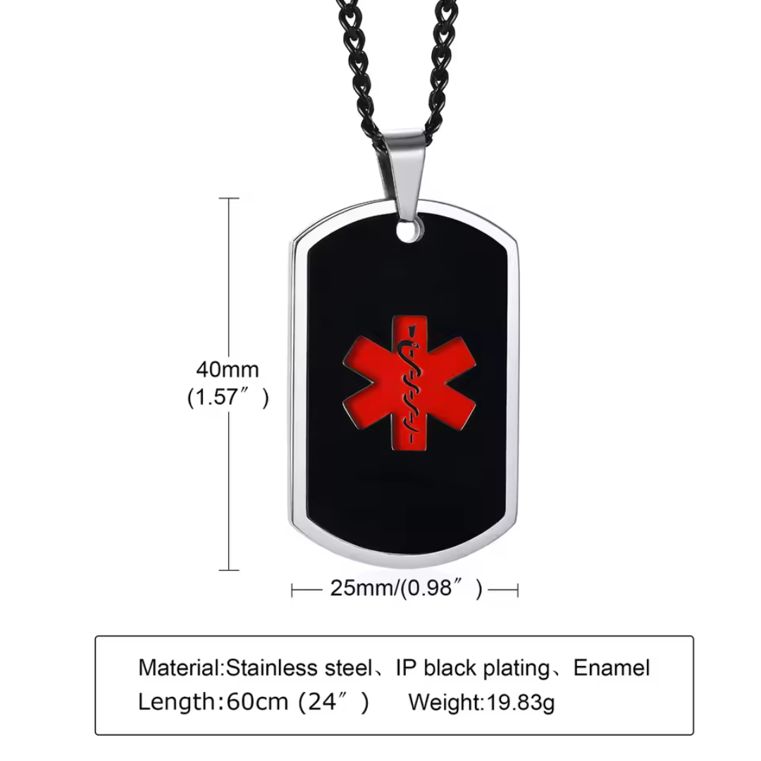 Personalised Black Medical ID Tag Necklace with with Black/Silver Chain