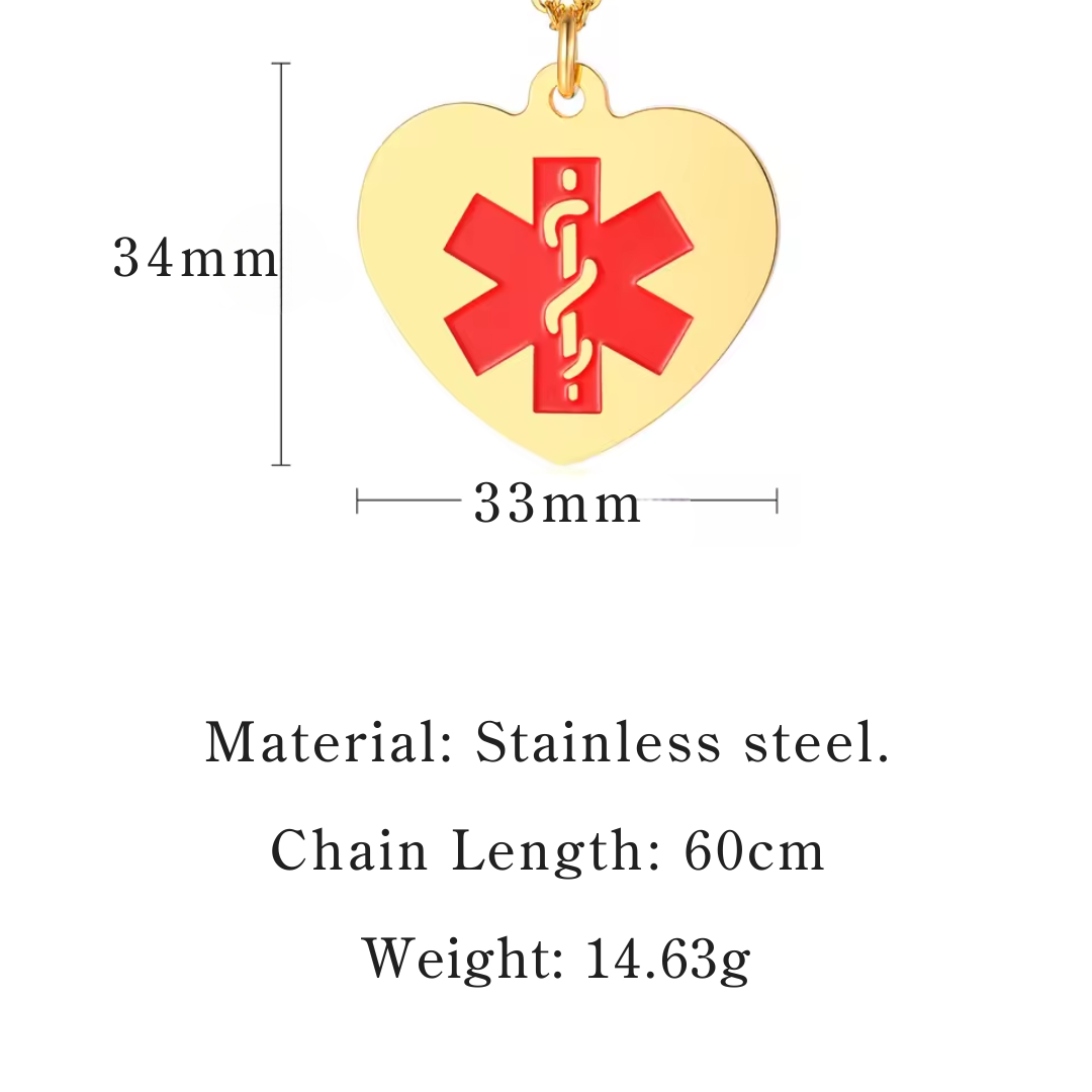 Personalised Stainless Steel Medical Heart ID Pendant – Gold Colour-Medical Necklace-Auswara
