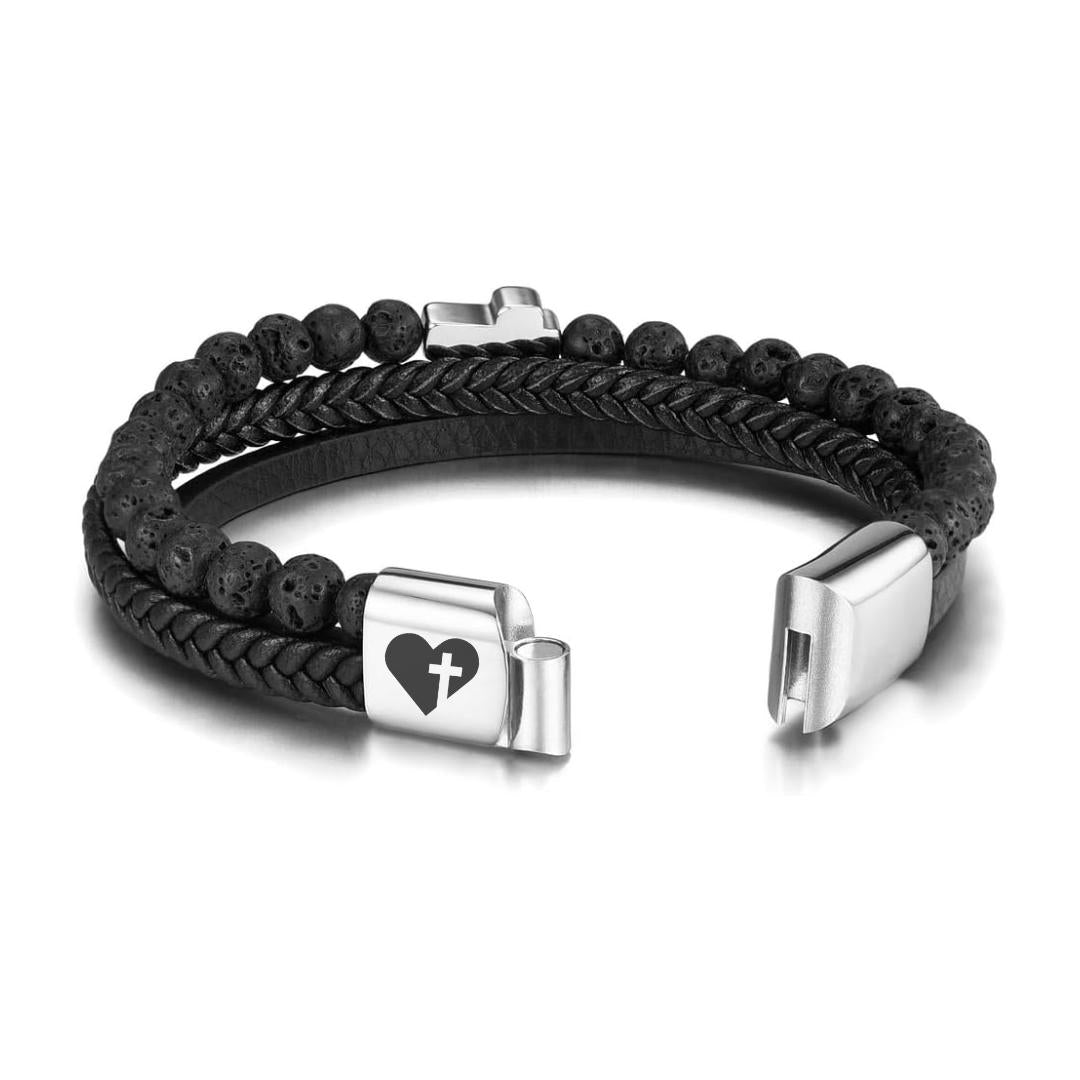 Trinity Leather & Black Bead Cross Bracelet-Personalised Bracelet-Auswara