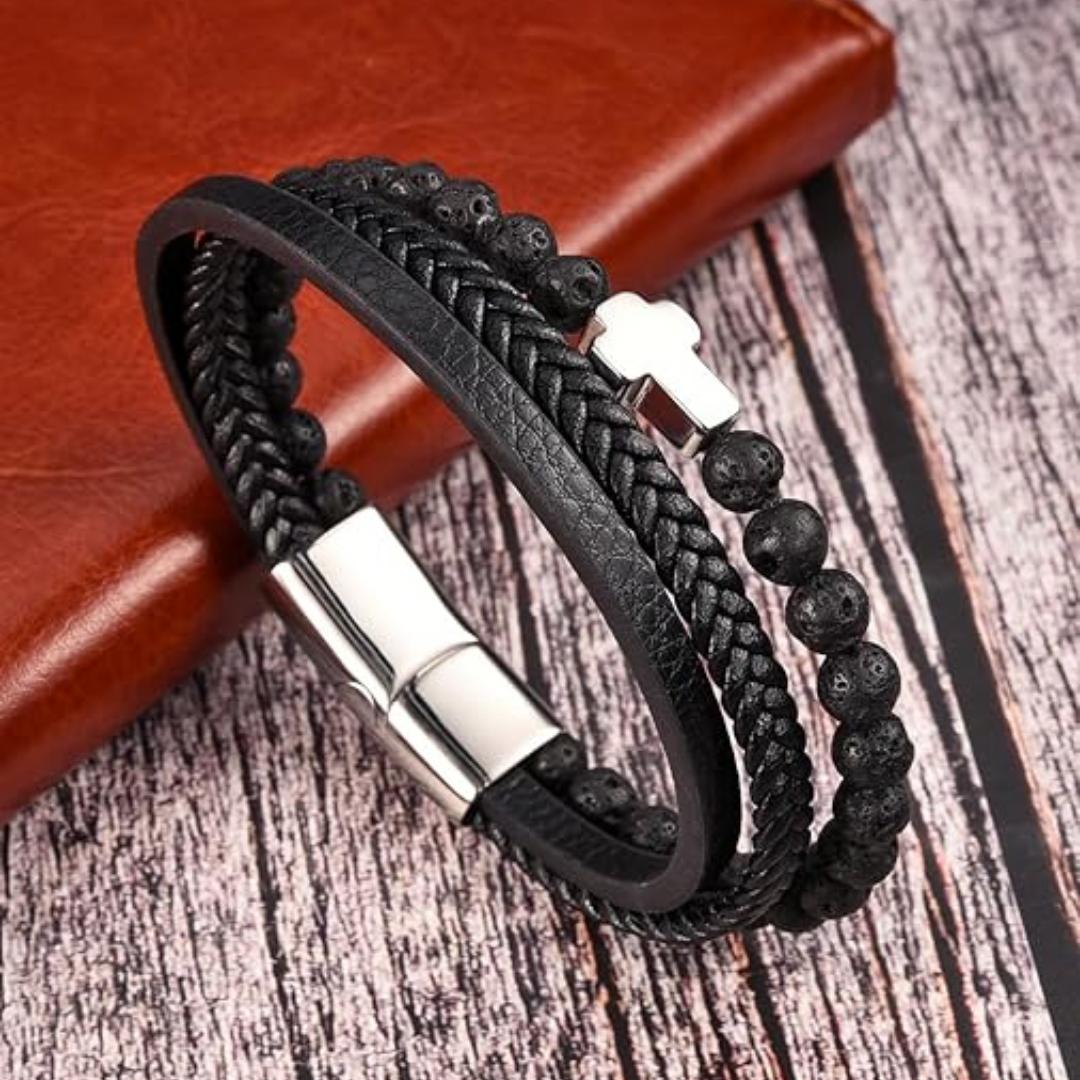 Trinity Leather & Black Bead Cross Bracelet-Personalised Bracelet-Auswara