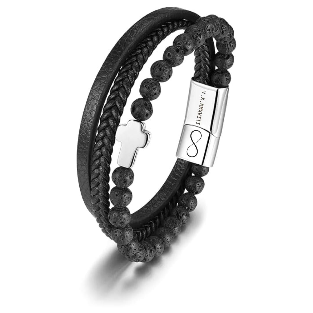 Trinity Leather & Black Bead Cross Bracelet-Personalised Bracelet-Auswara