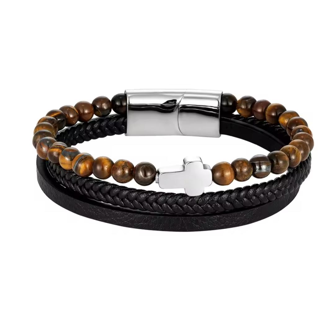 Trinity Leather & Tiger Eye Bead Cross Bracelet-Personalised Bracelet-Auswara
