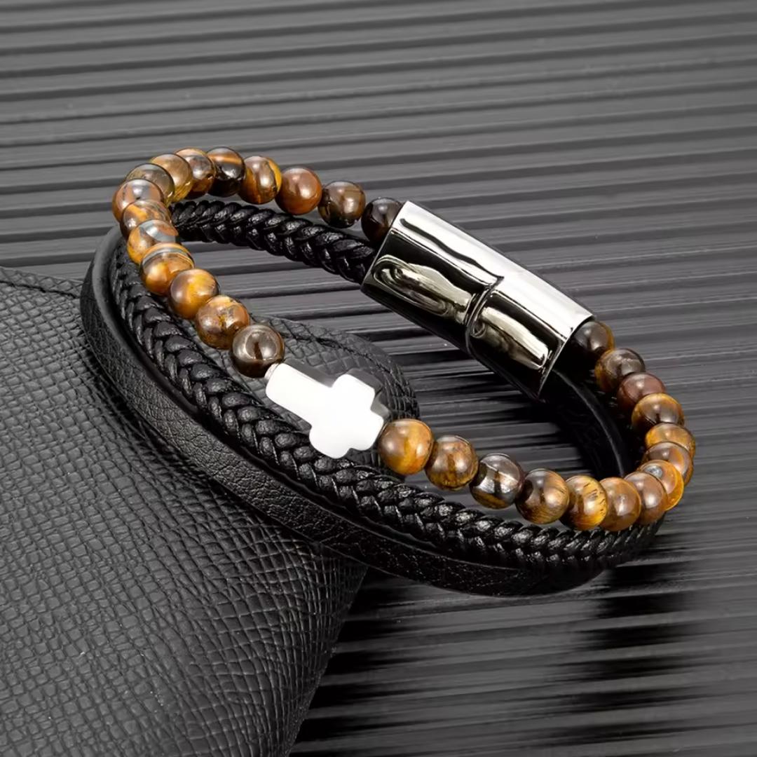 Trinity Leather & Tiger Eye Bead Cross Bracelet-Personalised Bracelet-Auswara
