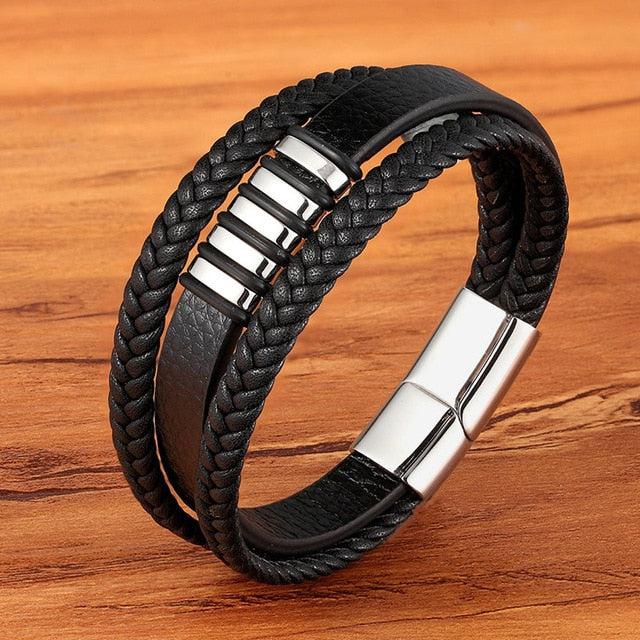 Triple Stacked Leather Bracelet - Silver-Leather Bracelet-Auswara