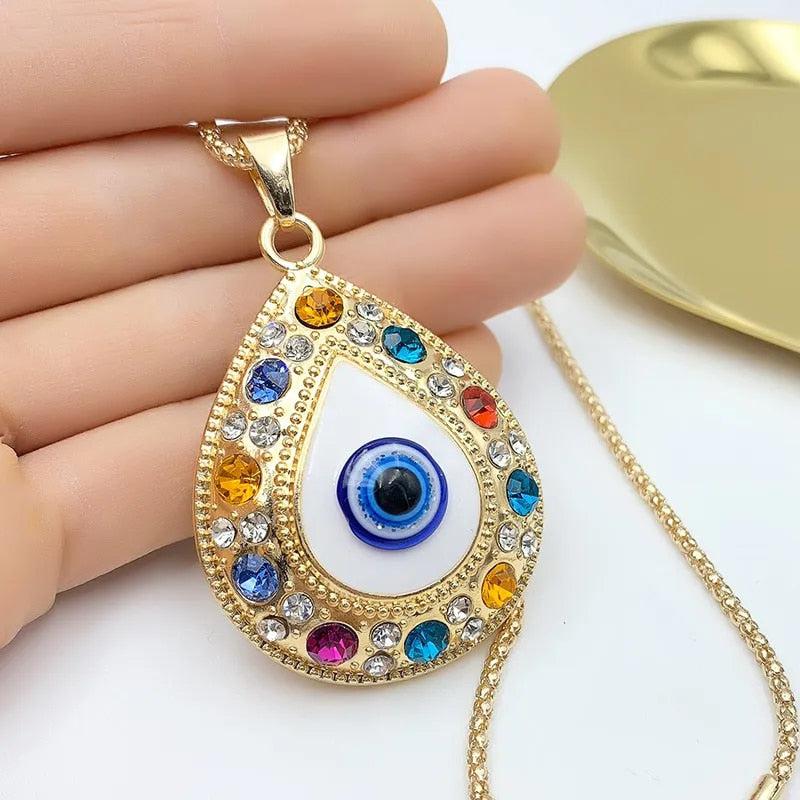 Turkish Evil Eye Necklace with Colourful Cubic Zirconia-Evil Eye Necklace-Auswara