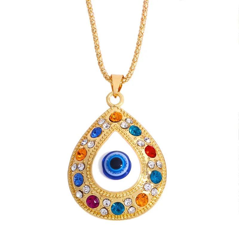 Turkish Evil Eye Necklace with Colourful Cubic Zirconia-Evil Eye Necklace-Auswara