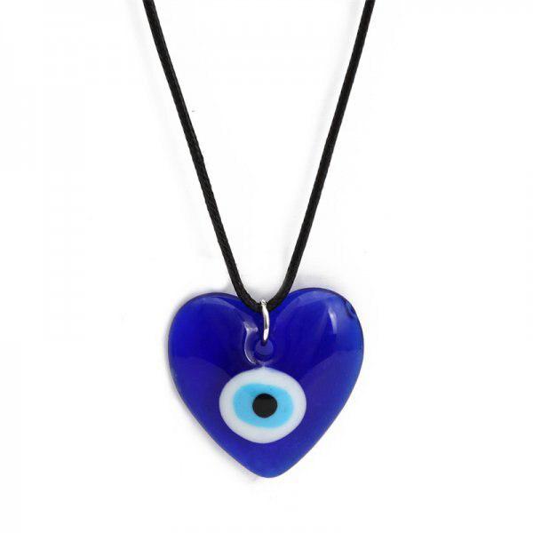 Waxed Rope Heart Shaped Evil Eye Pendant Necklace-Evil Eye Necklace-Auswara