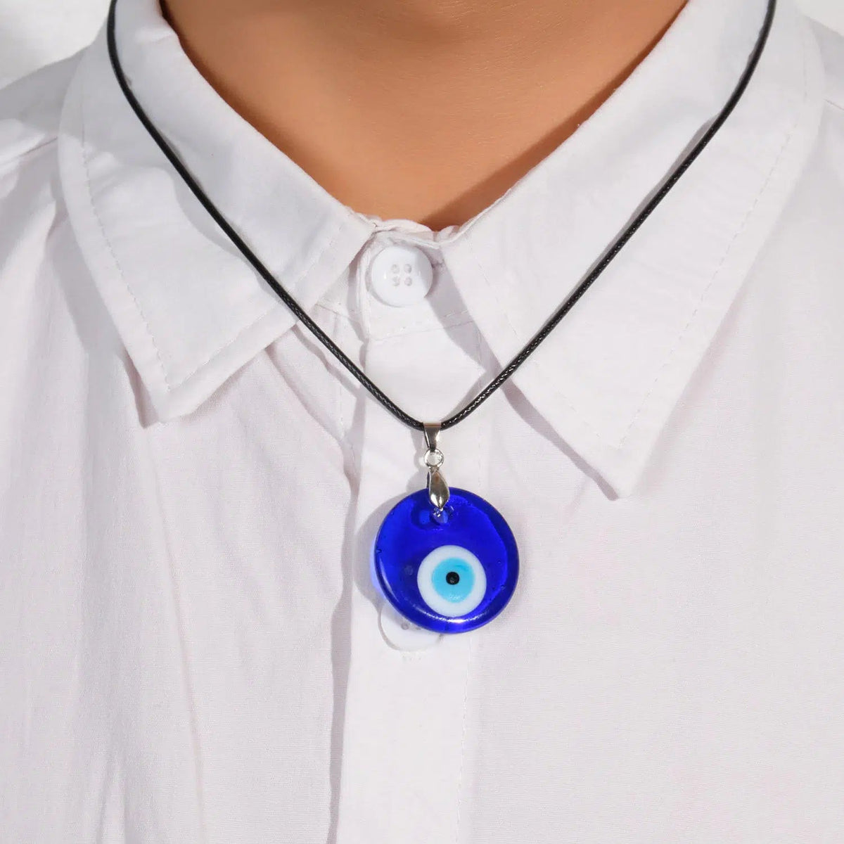 Waxed Rope Round Evil Eye Pendant Necklace-Evil Eye Necklace-Auswara