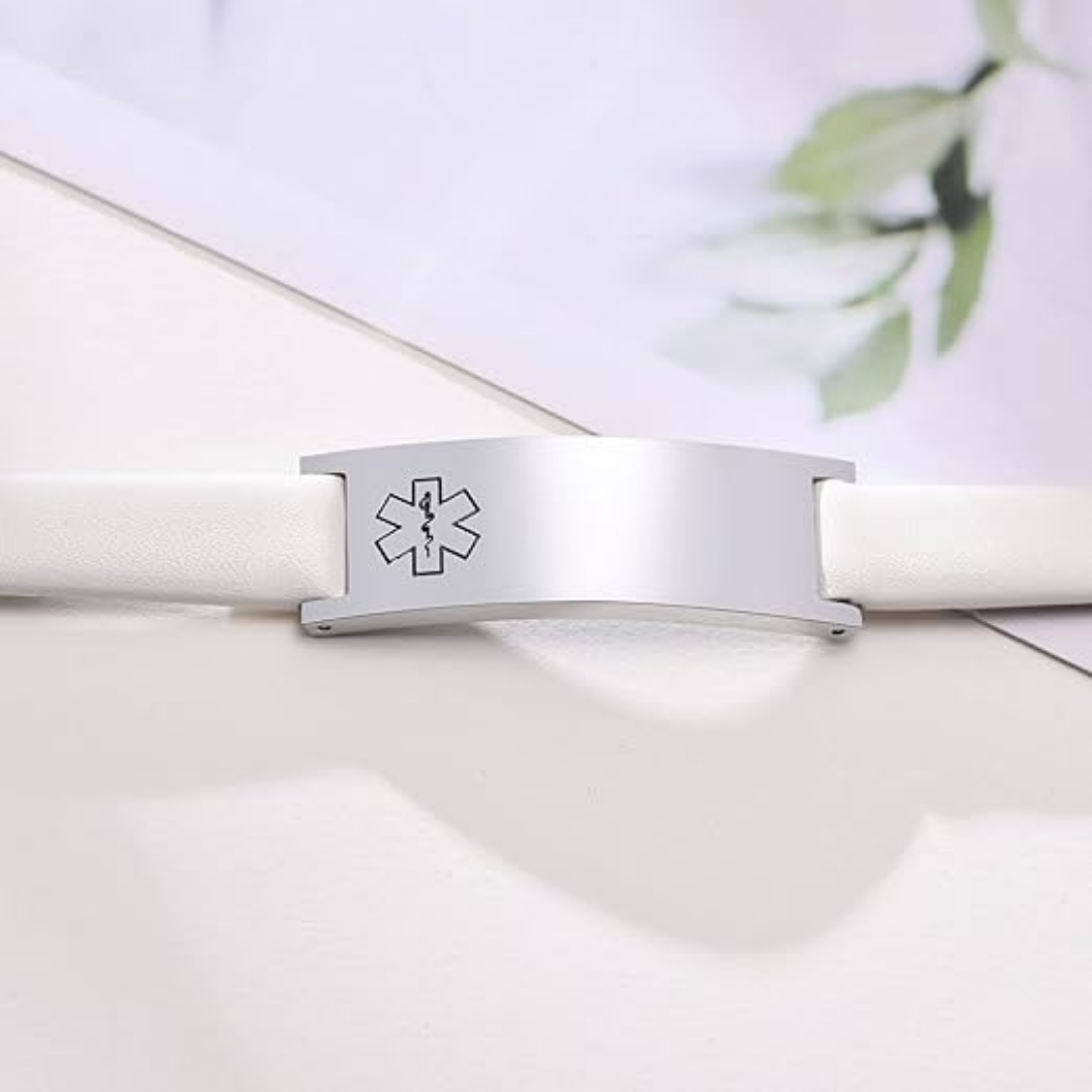 White Leather Medical Alert ID Bracelet-Medical ID Bracelet-Auswara