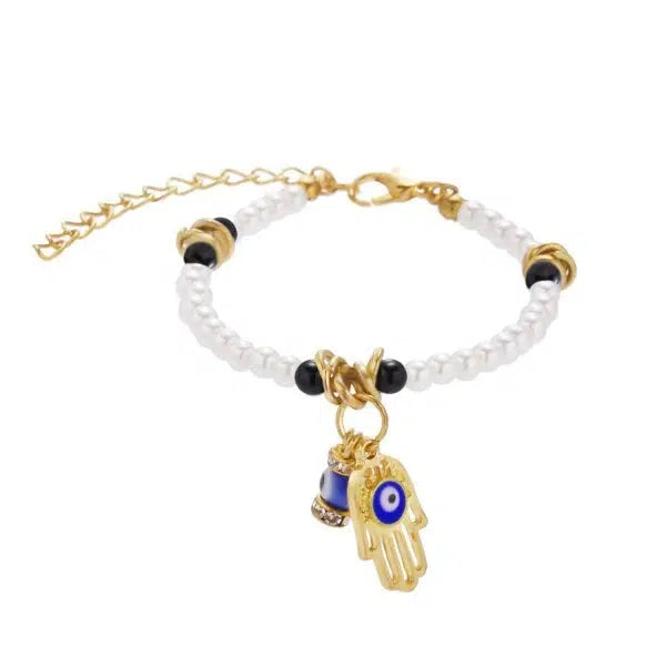 White and Black Pearl with Hamsa Charm Bracelet-Evil Eye Bracelet-Auswara